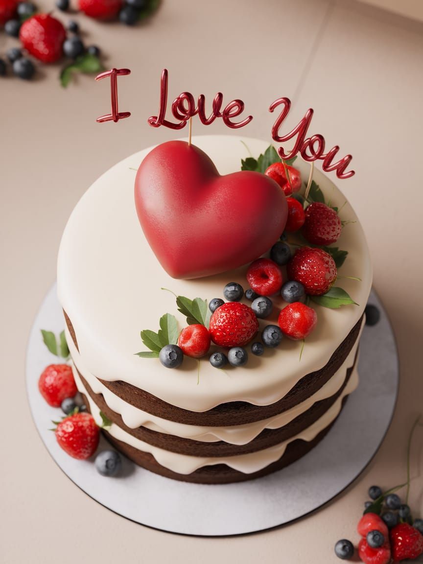 Hyperrealistic Cake with Red Heart and 'I Love You'