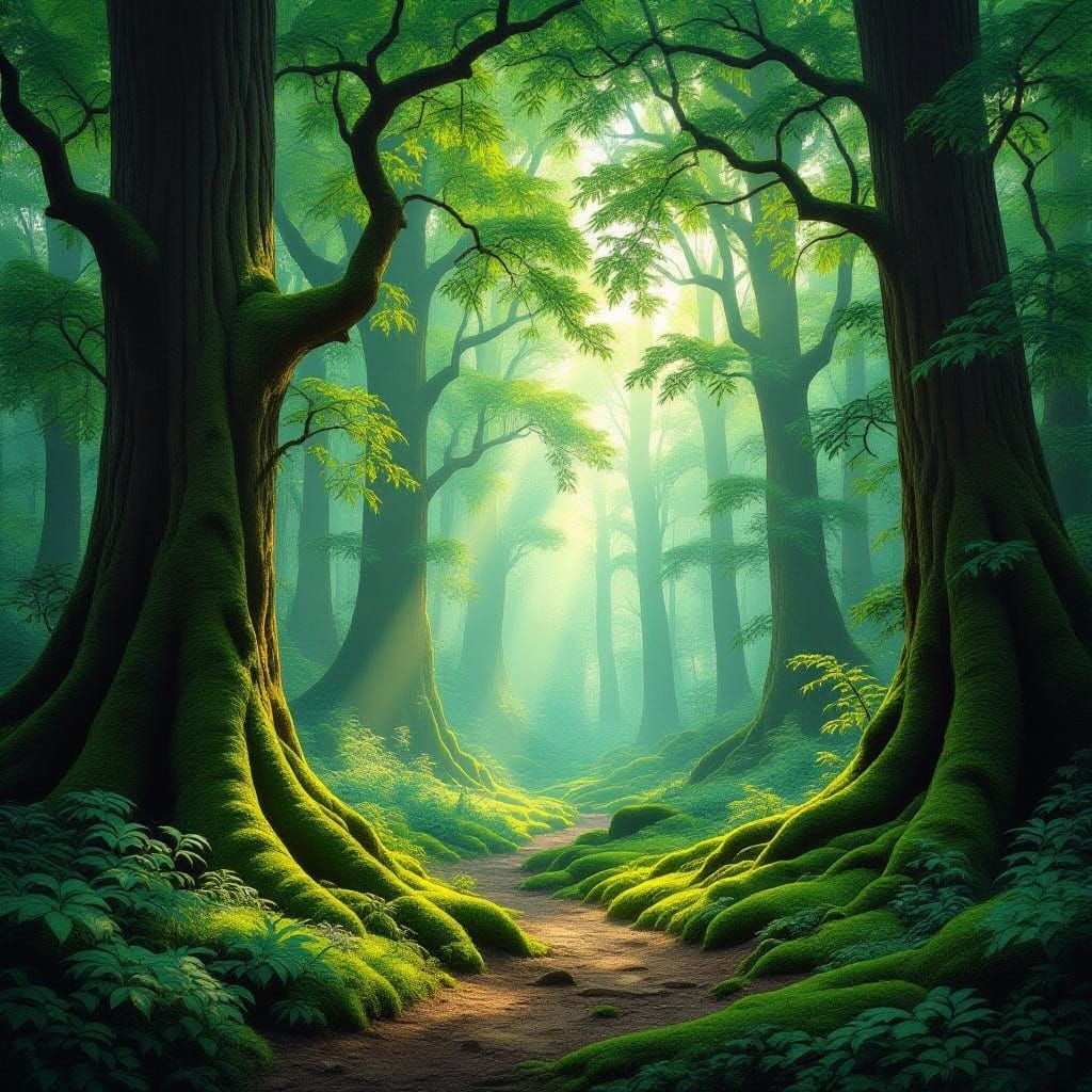 Ancient Forest Path in Luminous Painterly Style