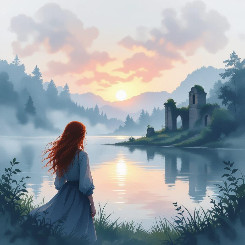 Melancholic Woman Gazes at Mist Lake Dawn