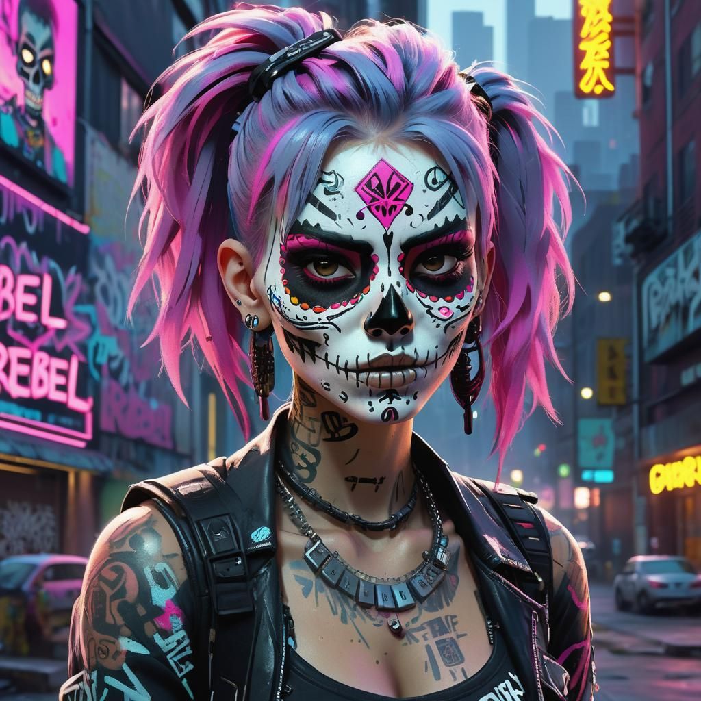 Cyberpunk Rebel Sugar Skull Portrait in Neon Cityscape