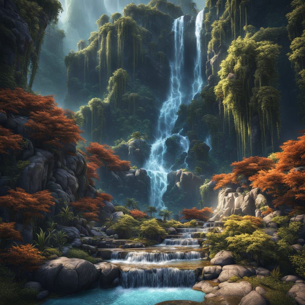 Fantastical Waterfall Matte Painting in Deep Color