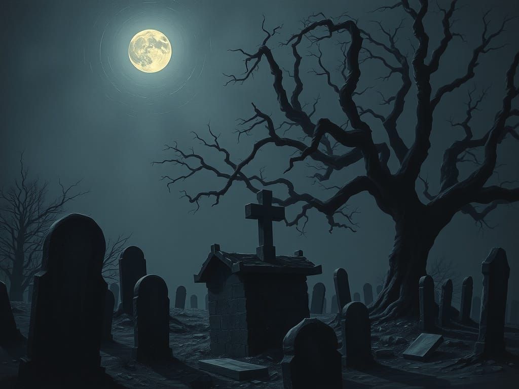 Eerie Cemetery at Night in Romanticism Style