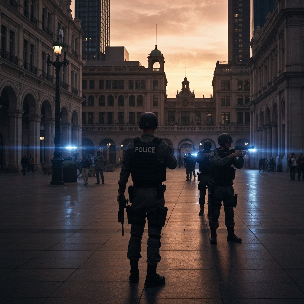 Sharpshooters Scan Plaza in Gritty Futuristic Cityscape