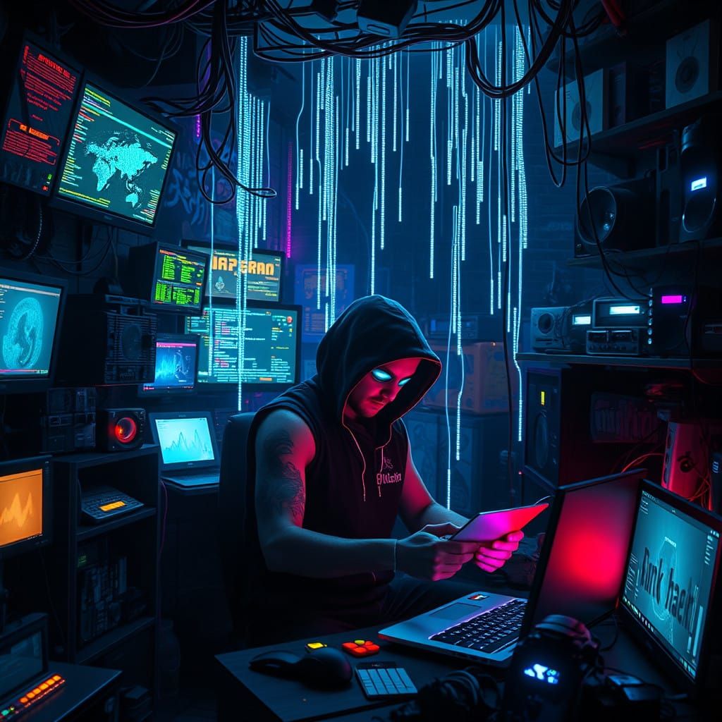 Cinematic Hacker's Lair in Neon Noir Style