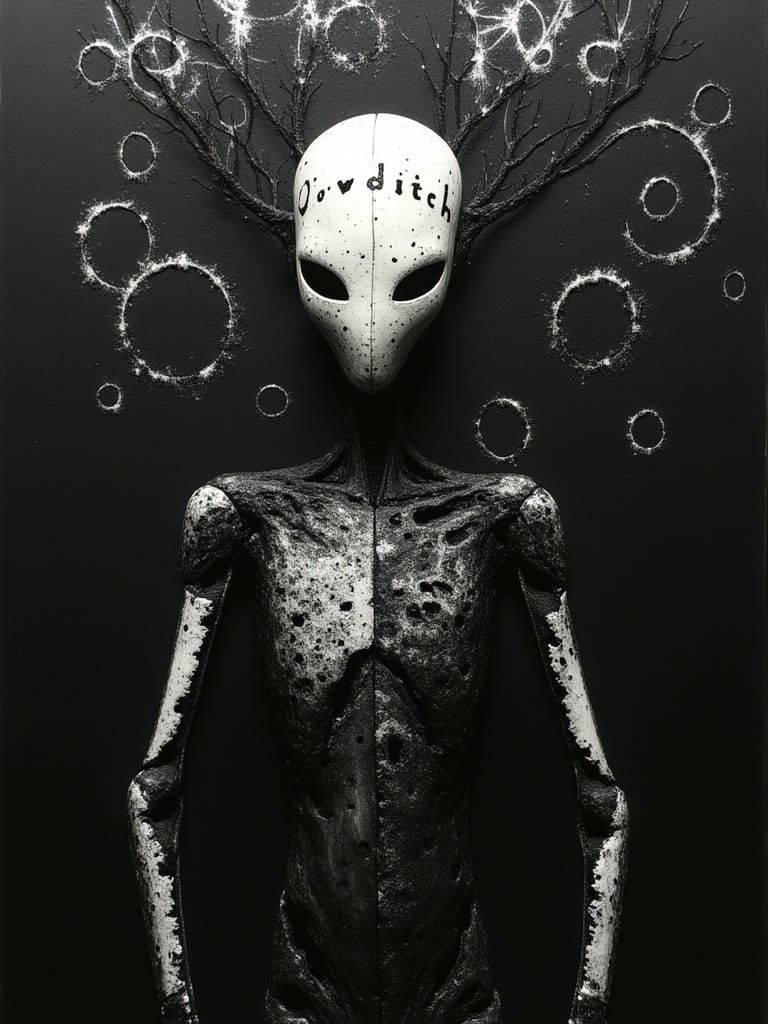 Surreal Robot Alien with Ink-Covered Head in Dark Fantasy Ar...