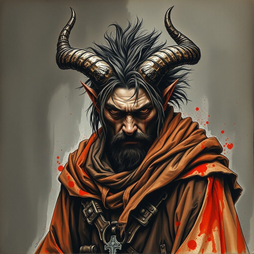 Dark Charcoal Portrait of a Fiercely Emotive Horned Figure