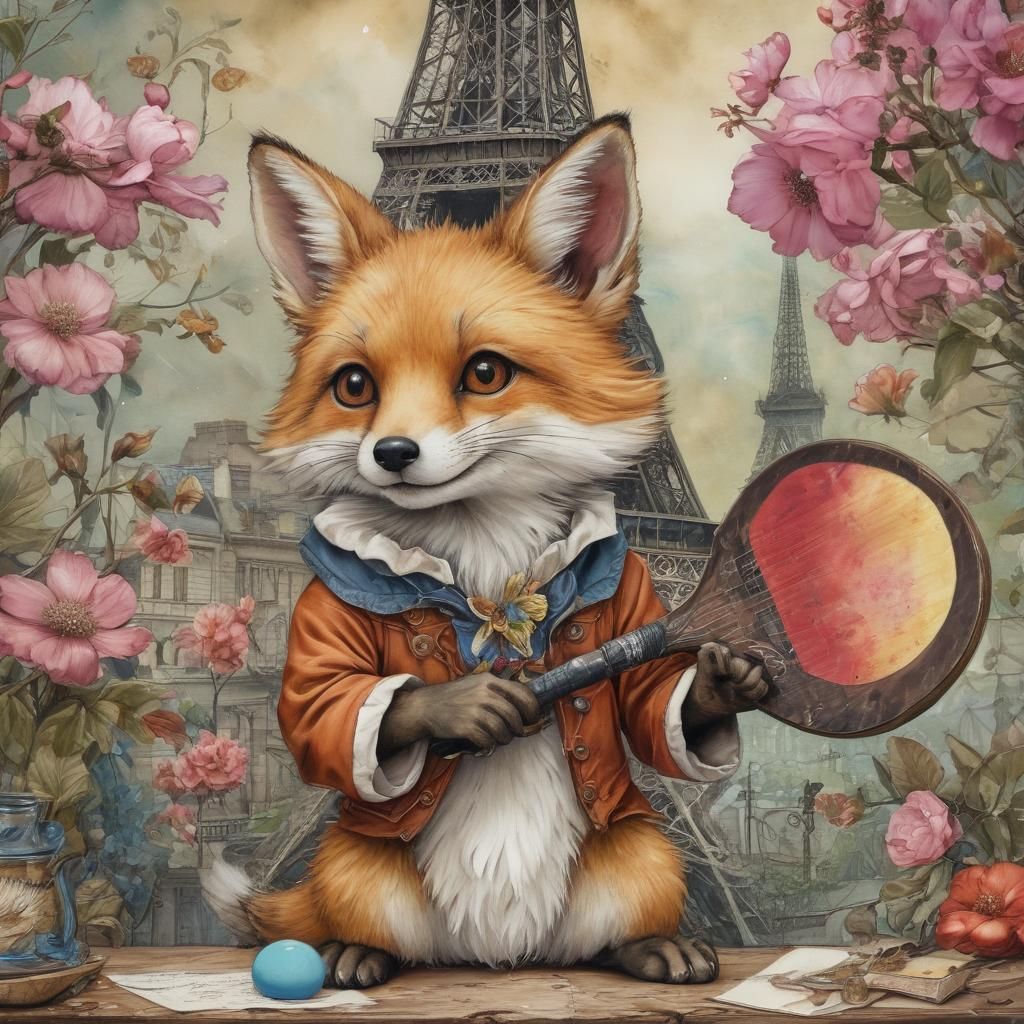 Chibi Fox Engraving with Eiffel Tower Backdrop