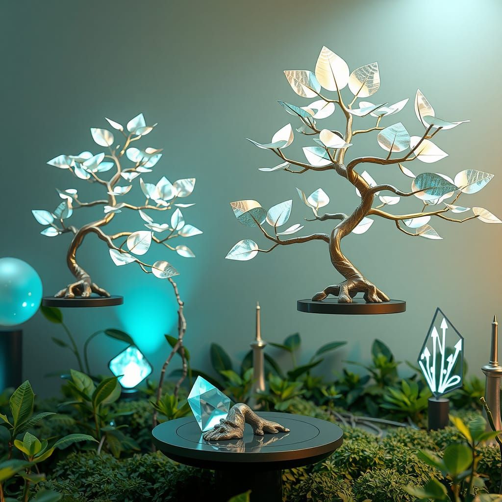 Futuristic Botanical Garden with Floating Bonsai Trees in Mi...