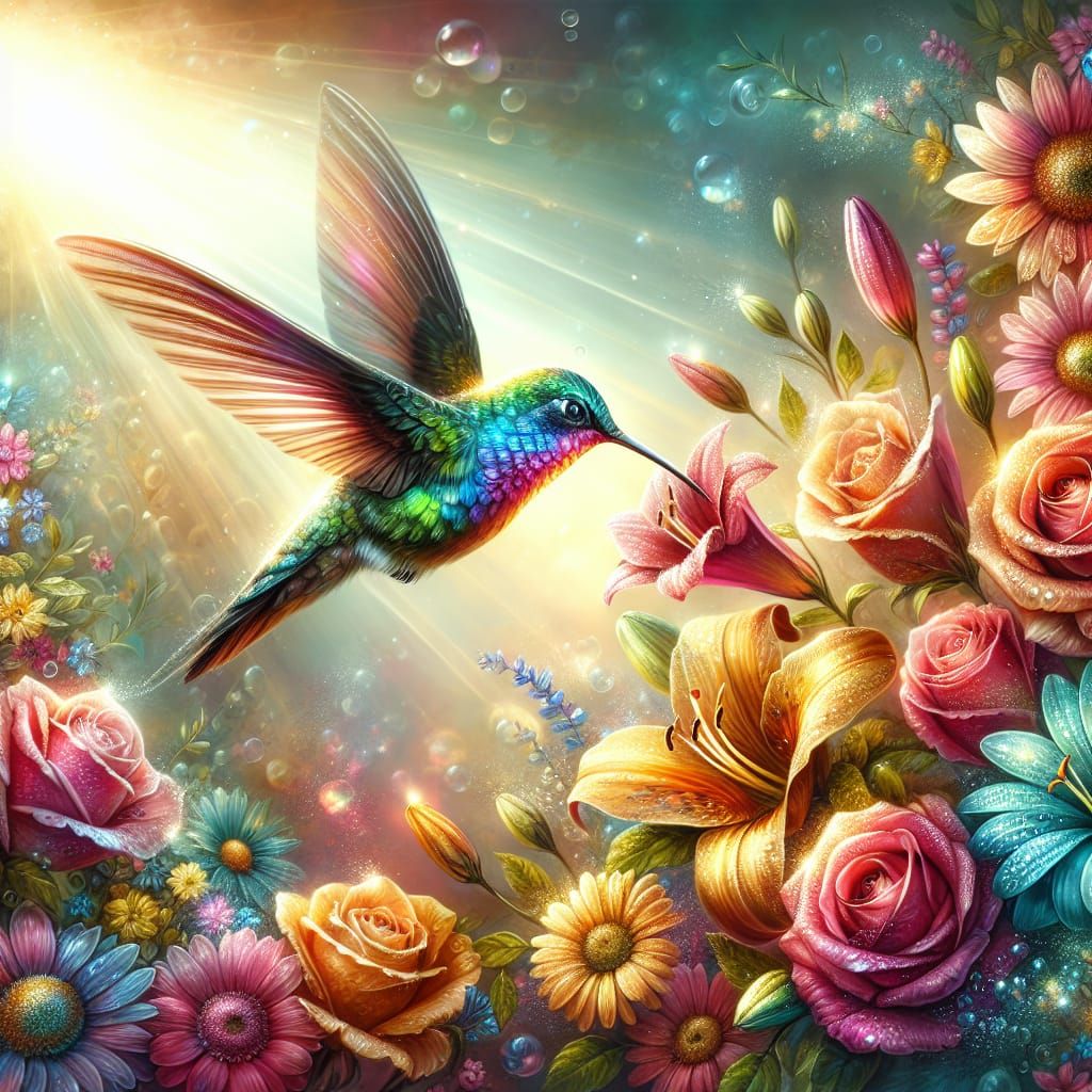Surreal Hummingbird Amidst Vibrant Blooms