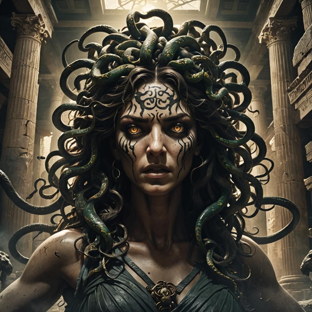 Angry Medusa in Ancient Greek Temple