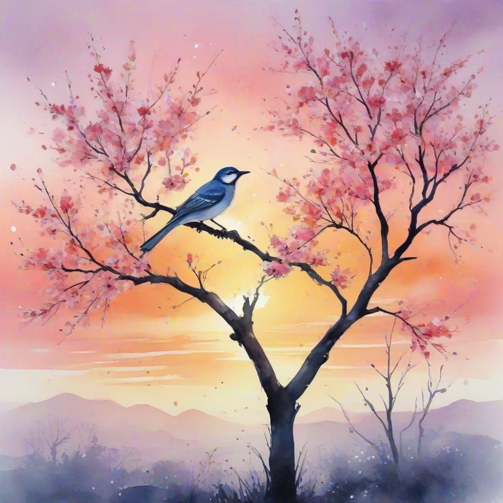 Expressive Watercolour Blossom Tree Sunset