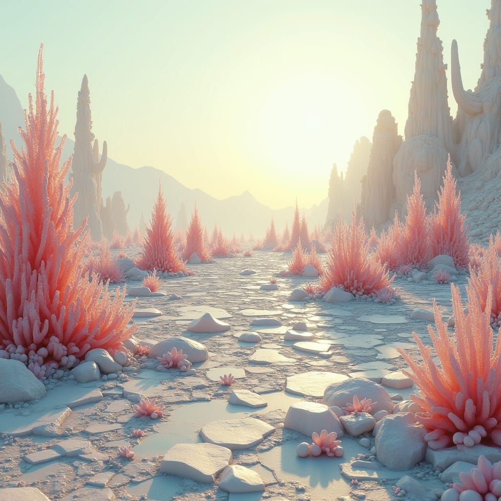 Surreal Glass Desert Landscape with Crystalline Chaos
