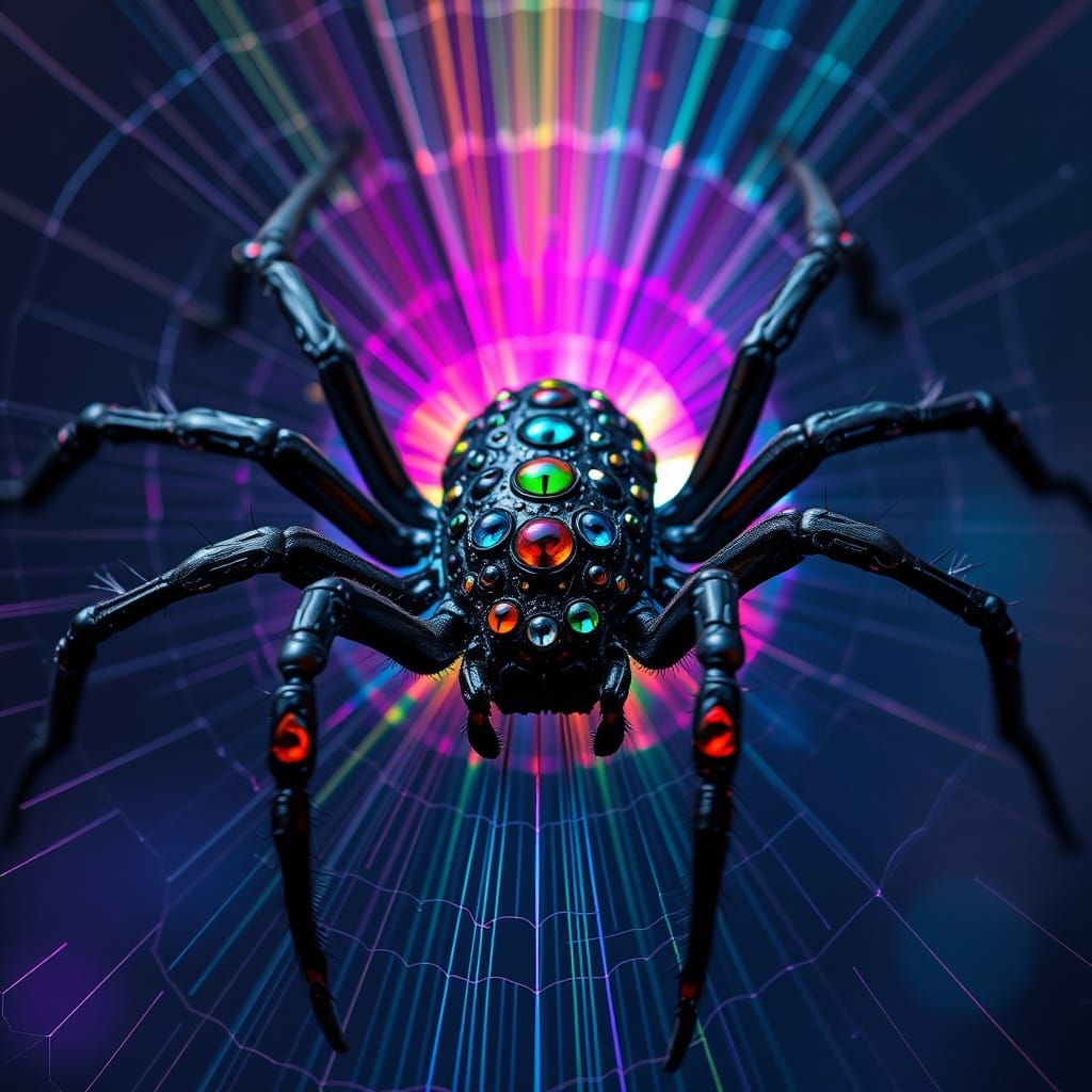 Ethereal Black Spider Blows Rainbow Web in Cyberpunk Aesthet...