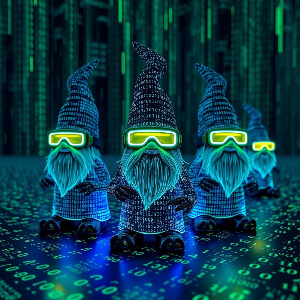 Gnomes of Code in Digital World with Glowing Goggles