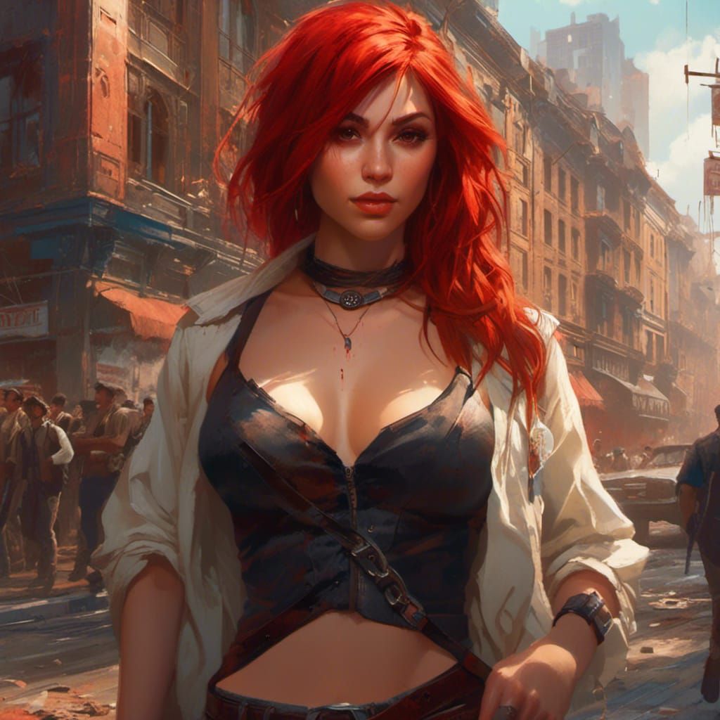 Muscular Redhead Tomboy in College City, Detailed Render