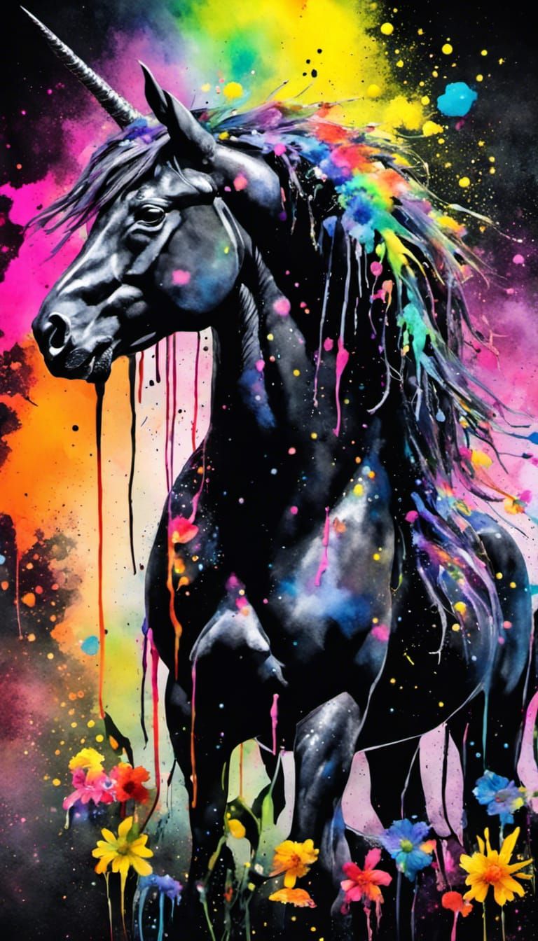 Neon Unicorn in Watercolor Splatter Art