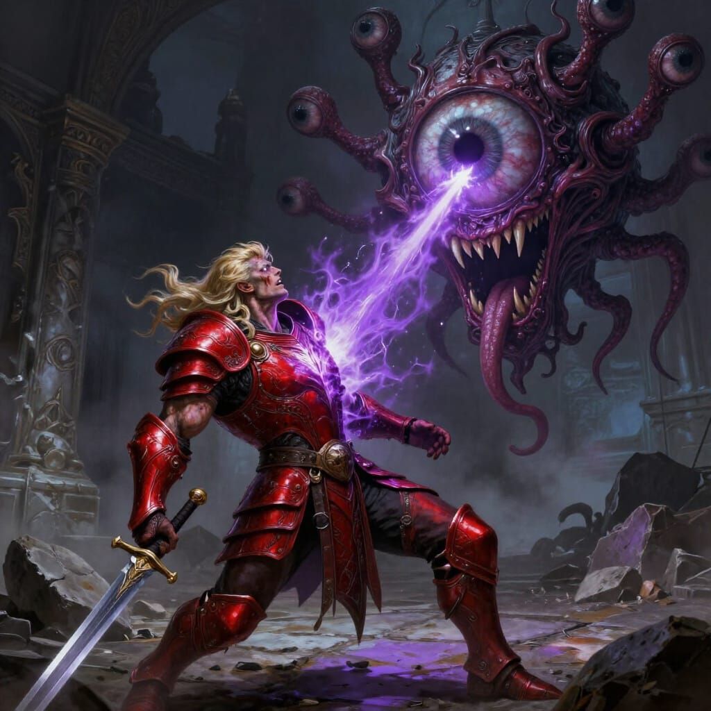 Paladin Reeling from Beholder's Energy Blast