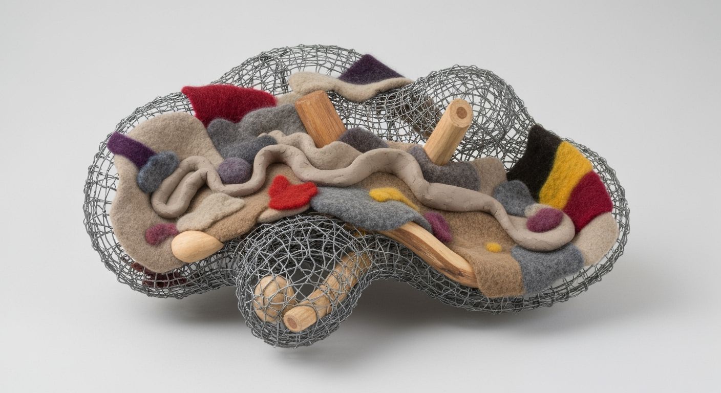 Abstract Sculpture: Wire, Clay, Wood, and Felt Fusion