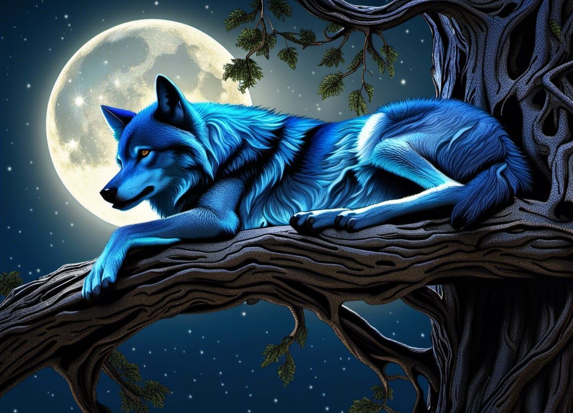 Blue Wolf Asleep Under the Moon
