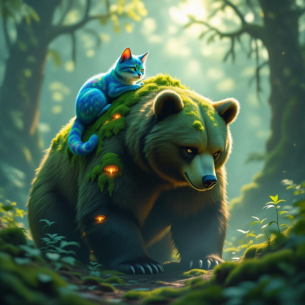 Symbiotic Feline and Bear in Enchanted Forest