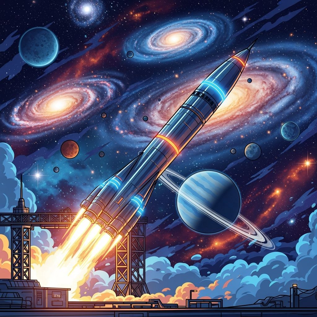 Rocket Launch into Galaxy in Cinematic Style