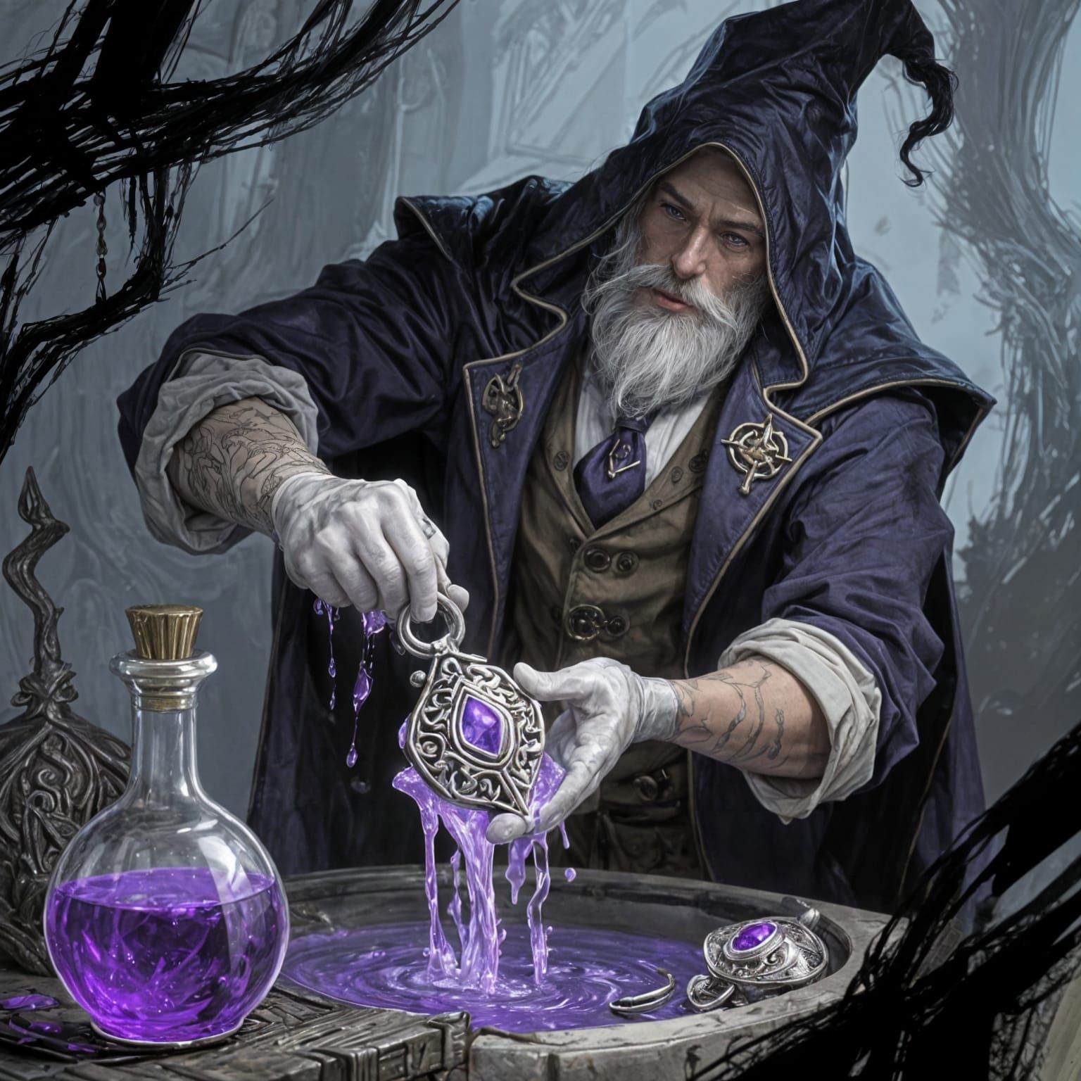 Mage Washing Trinket in Purple Potion, Dark Fantasy Style