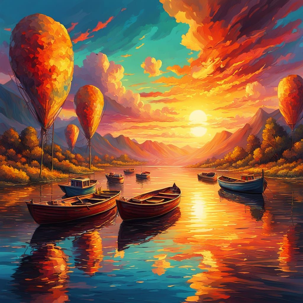 Vibrant Sunset Scene with Boats on a River