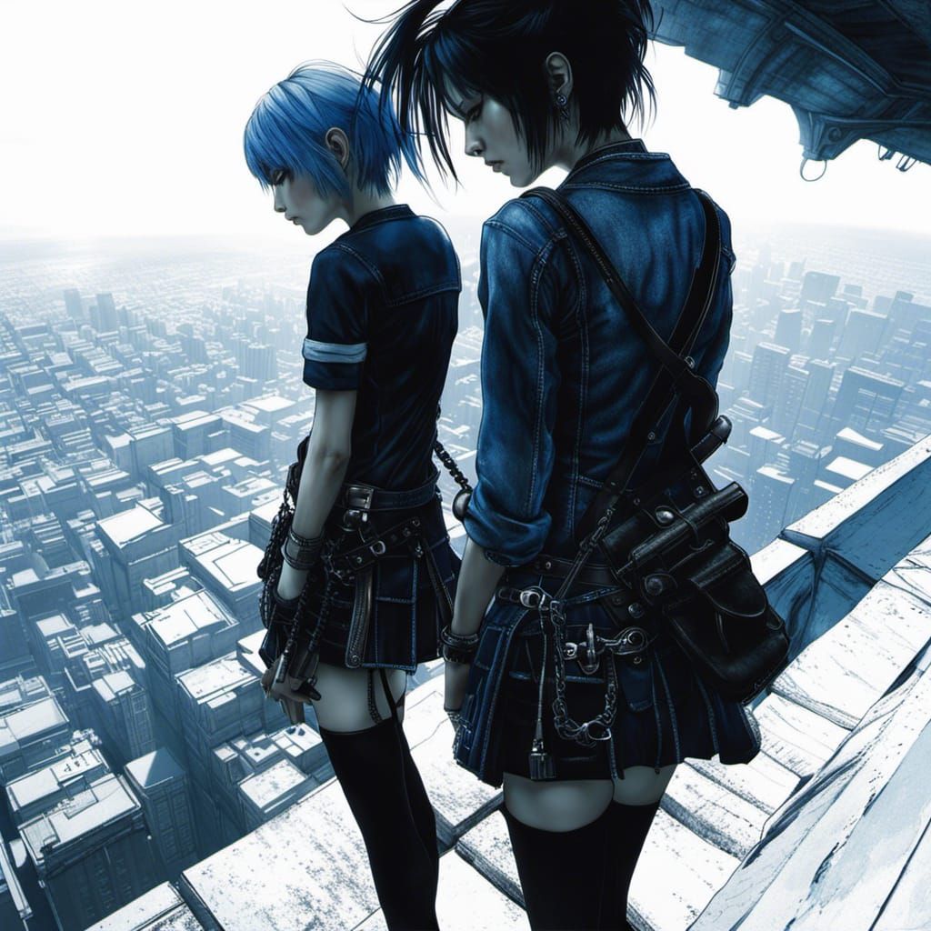 Punk Girls Overlooking Precipice in Dramatic Lighting