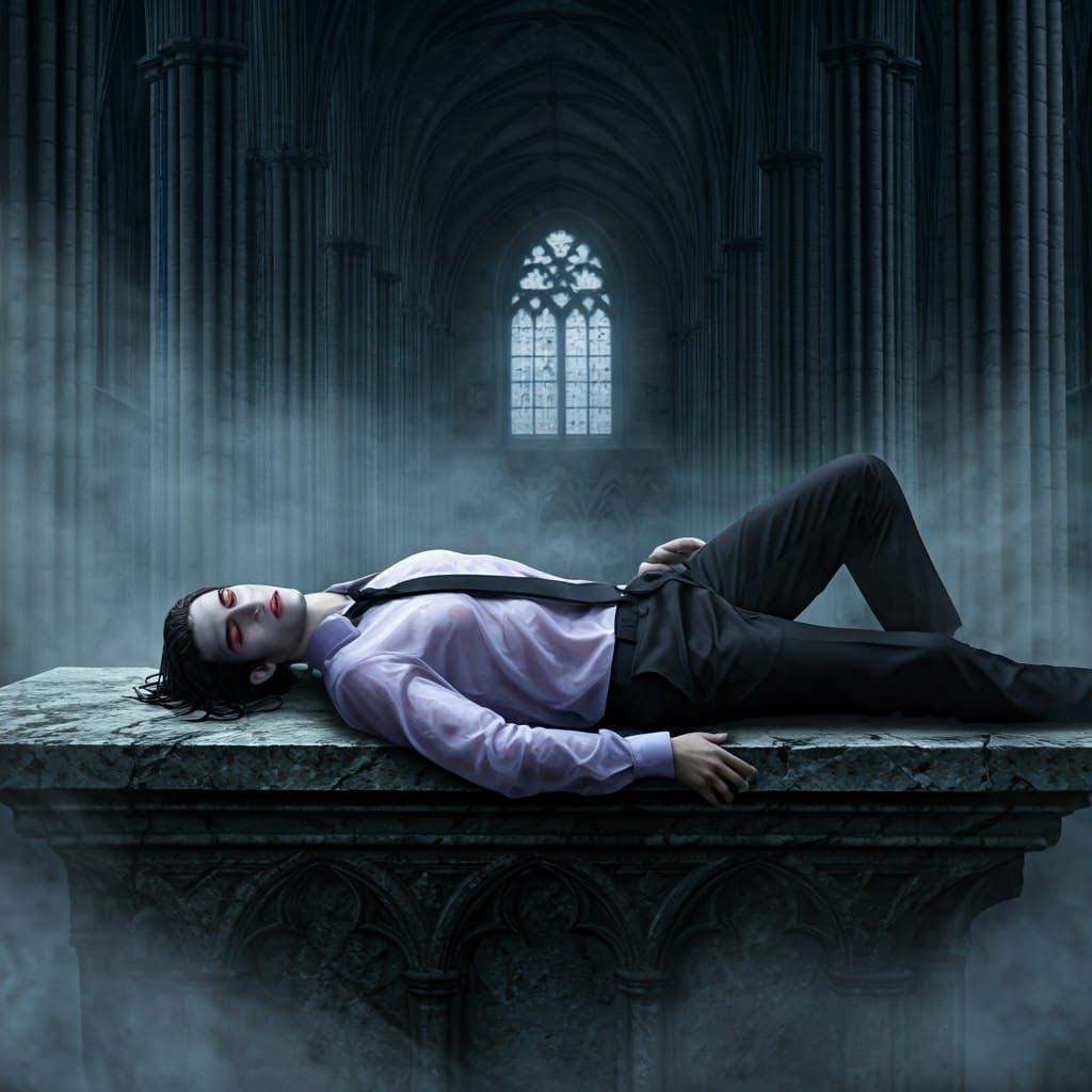 Vampire Reclining on Altar in Gothic Cathedral