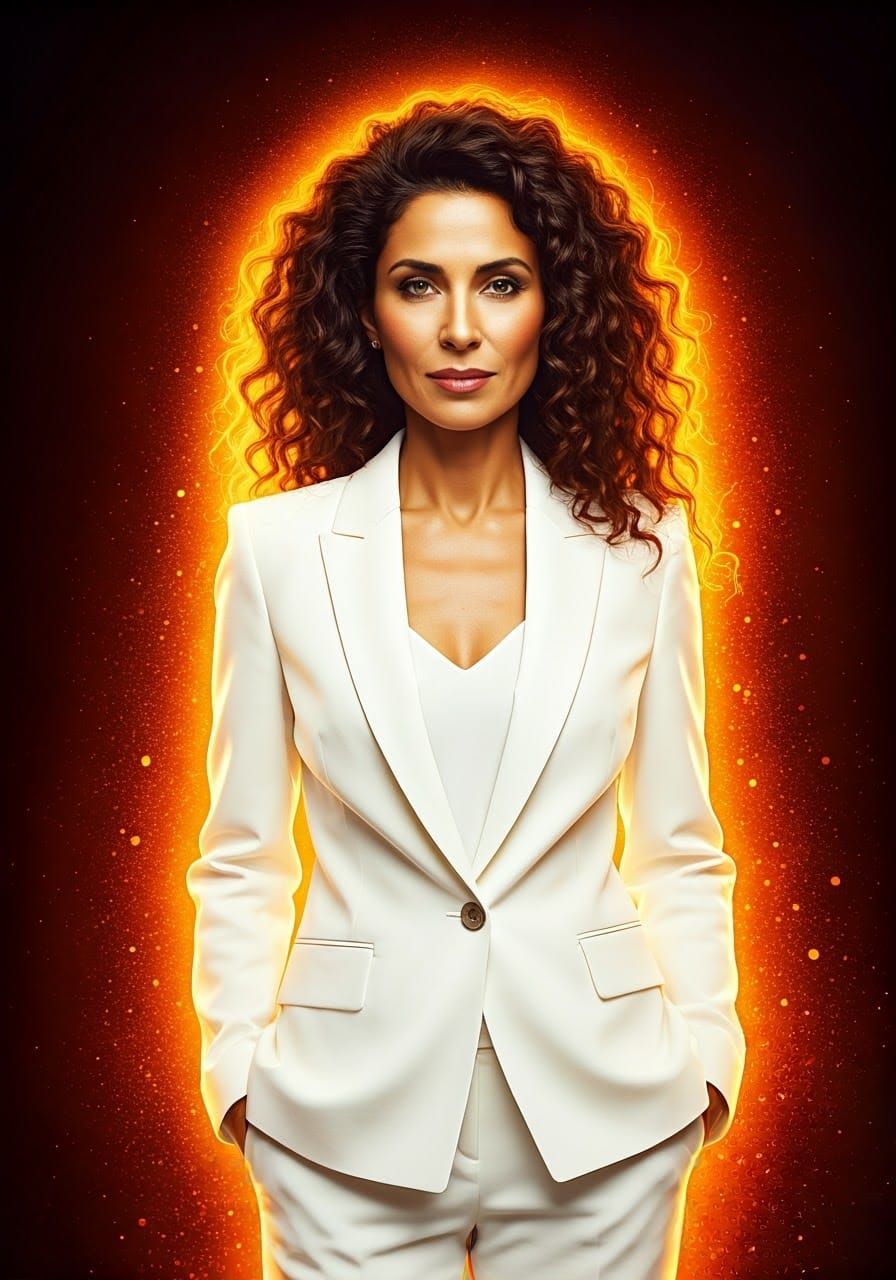 Elegant Woman in White Suit: Watercolor Ink Art