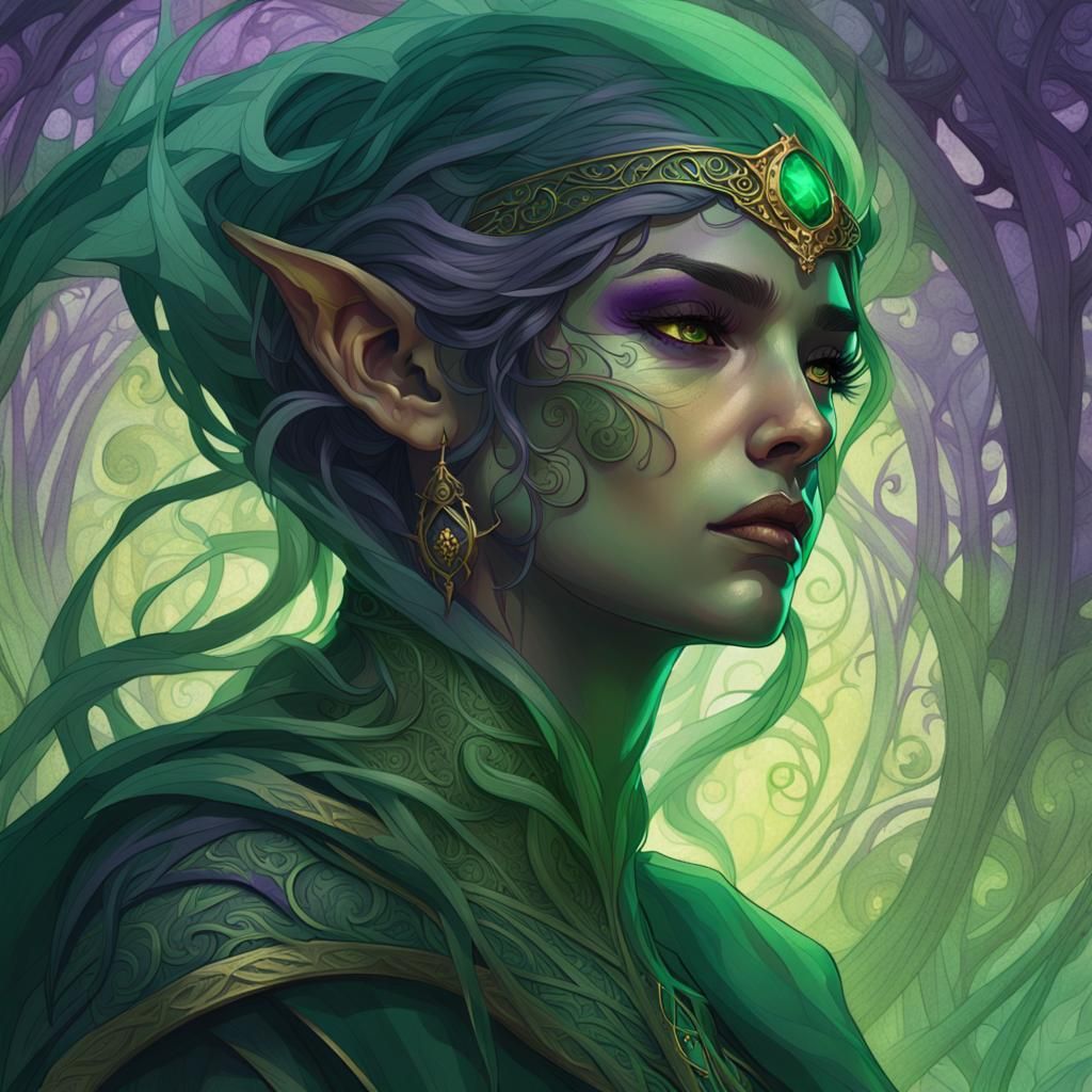Mystical Emerald Elf Rogue in Dark Fantasy Style