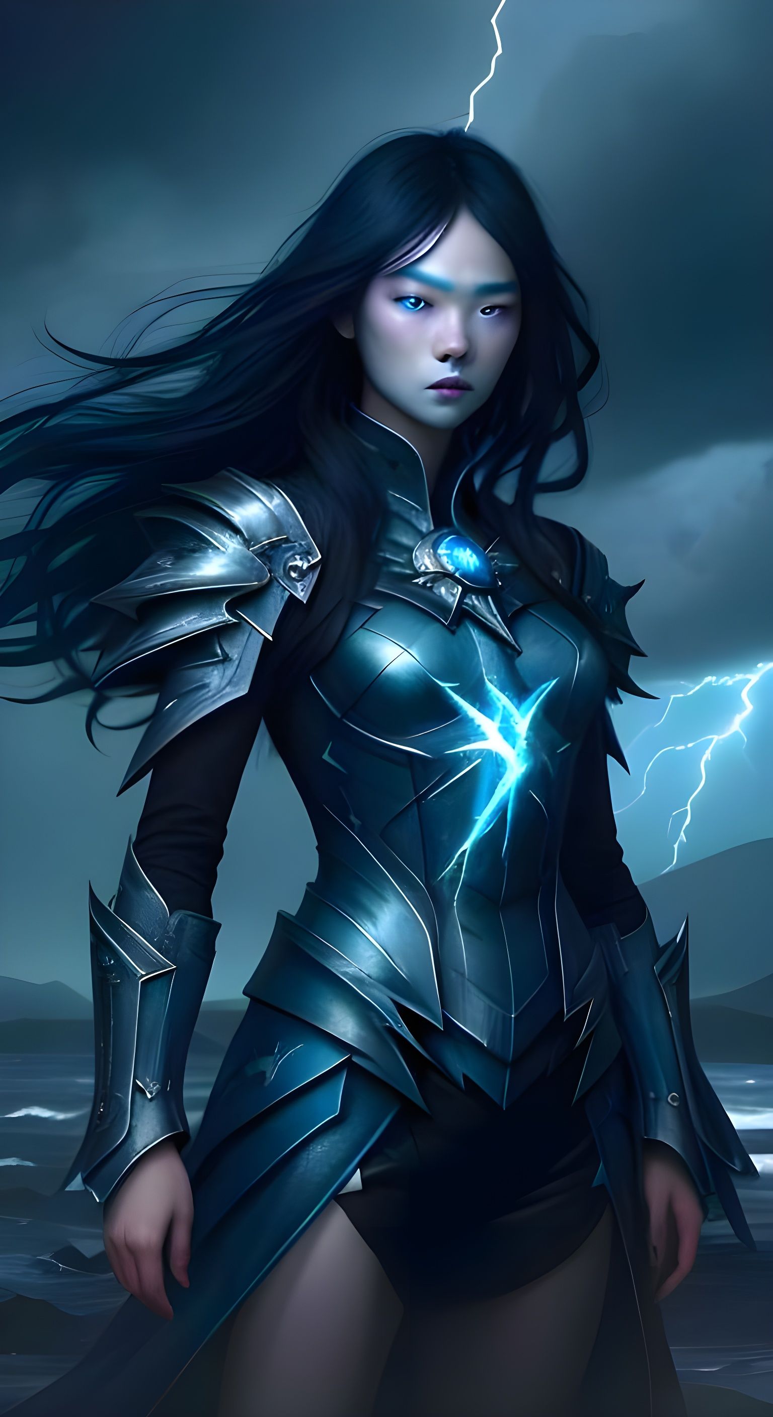 Ethereal Blue Superheroine in Lightning Storm