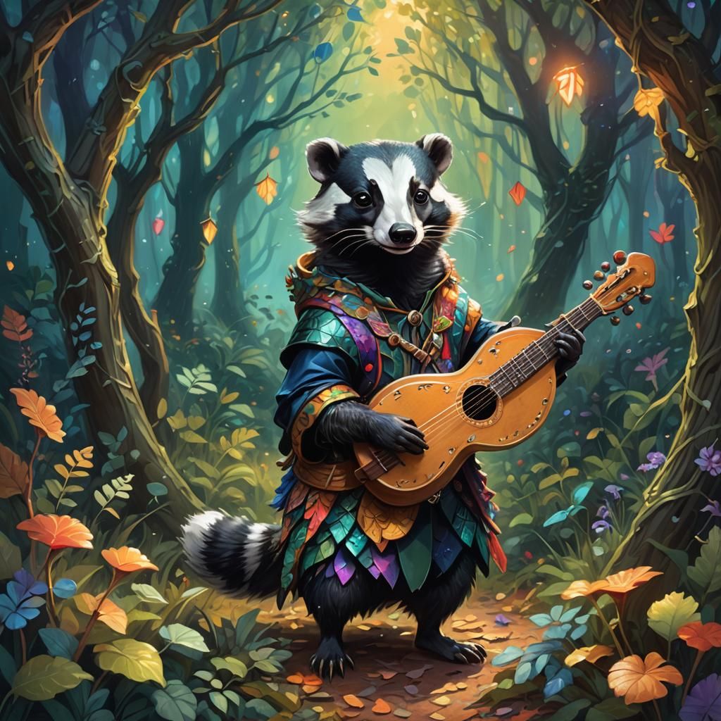 Badger Bard in Mystical Forest, Fantasy Oil Painting