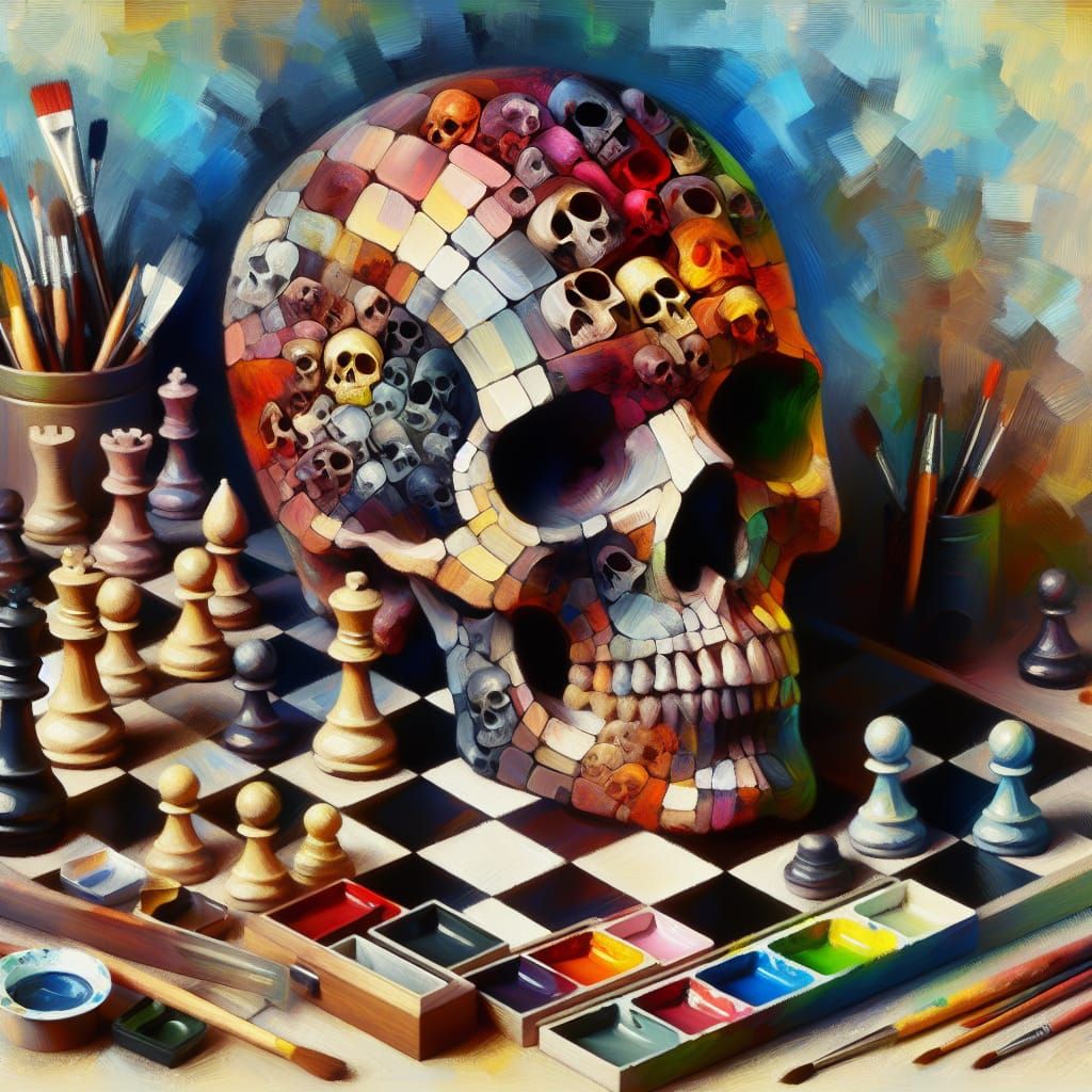 Chessboard Skull in Expressionist Oil Painting