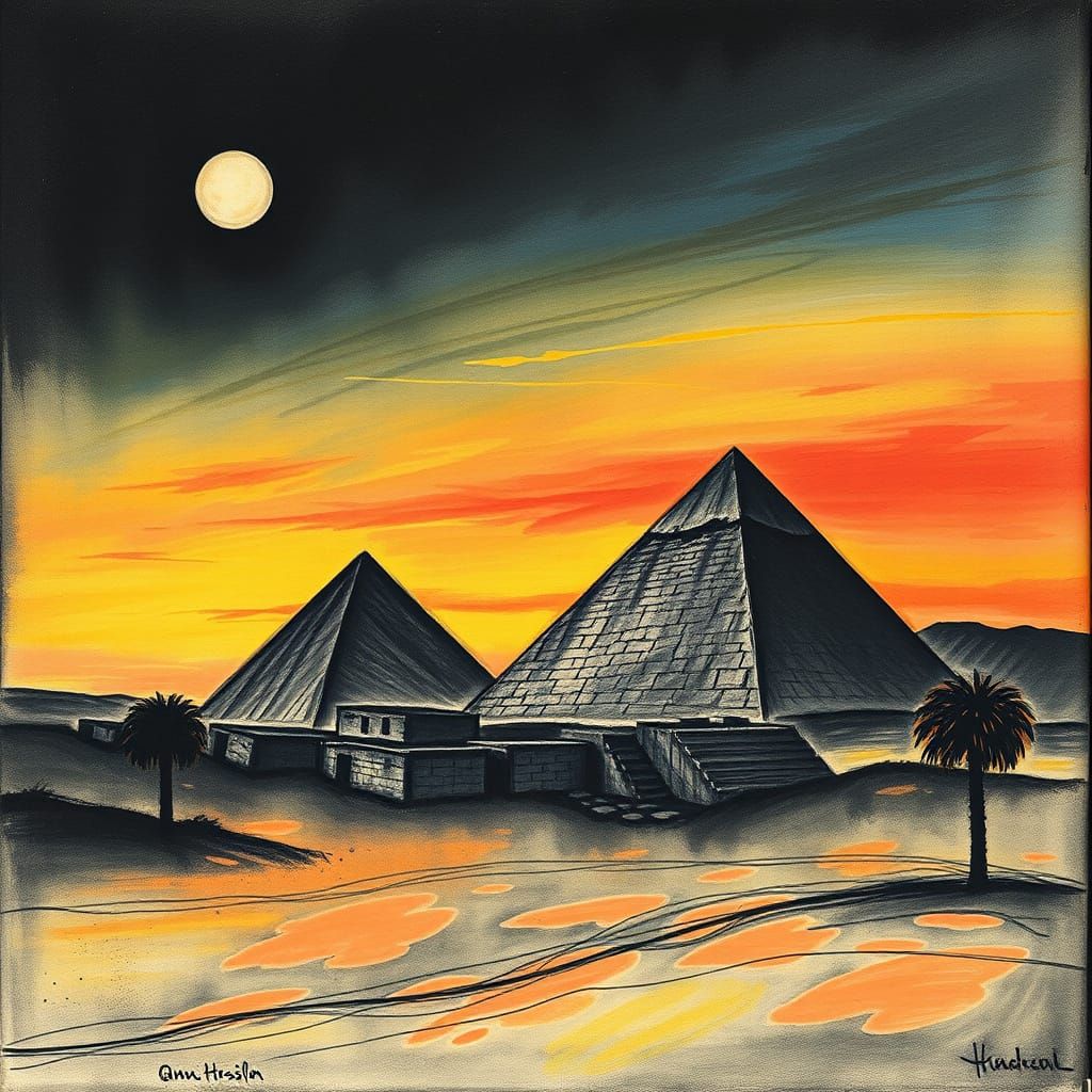 Egyptian Pyramids at Sunset in Art Deco Style with Intricate...