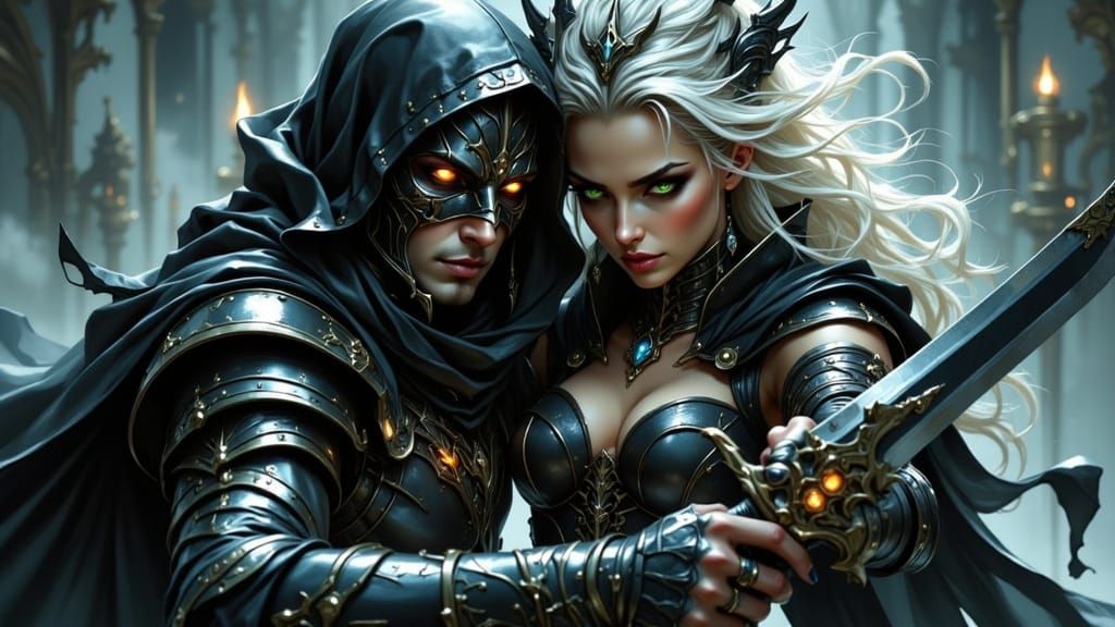 Sinister Woman Strikes Down Enemy in Fantasy Armor