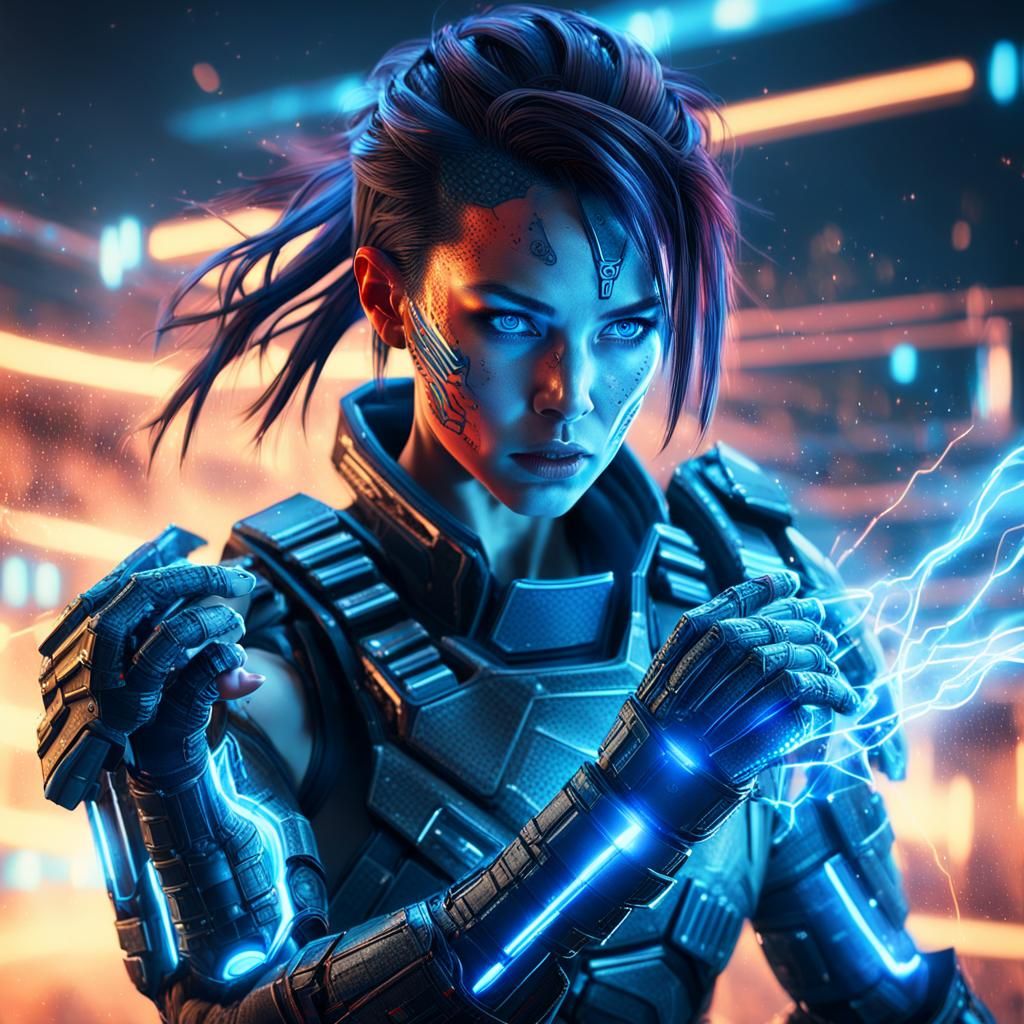Cyberpunk Female Warrior in a Futuristic Arena