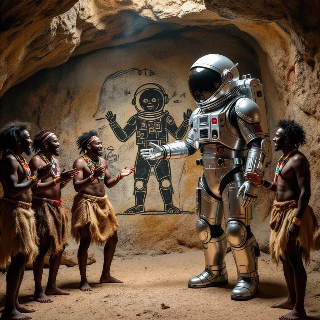 Prehistoric Africans Meet Astronaut: Cave Painting Style