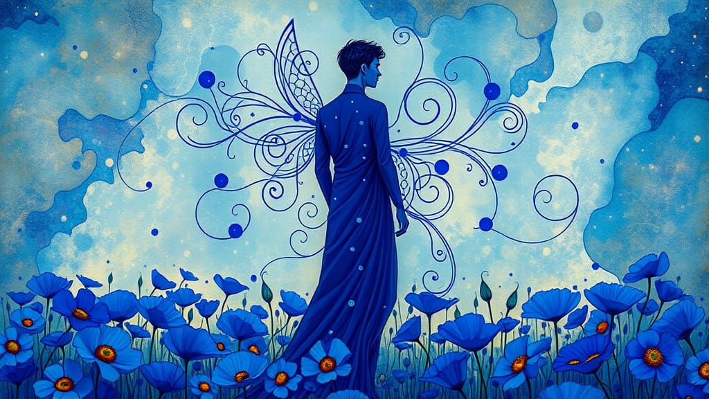 Ethereal Figure in Cobalt Blue Amidst Whimsical Himalayan Po...