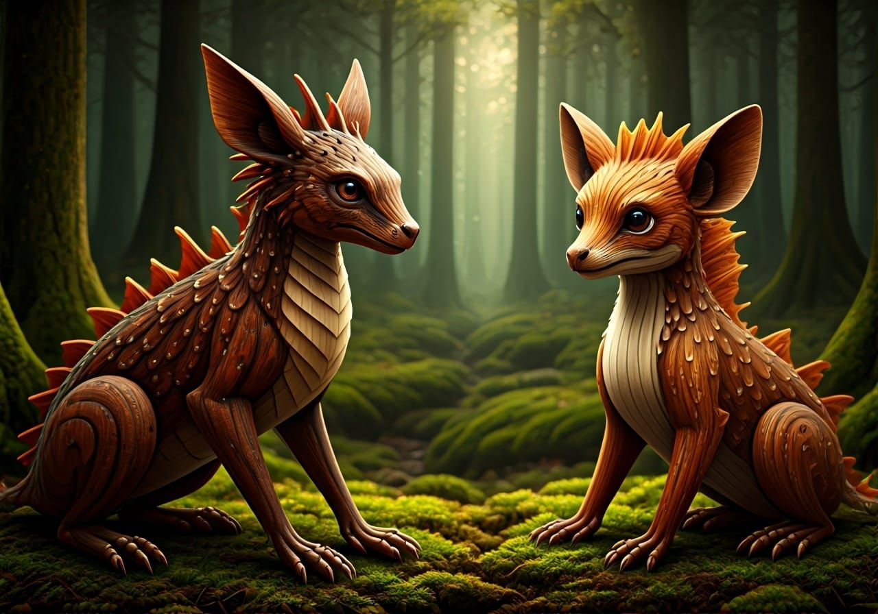 Wooden Fantastical Creatures in Ghibli Style