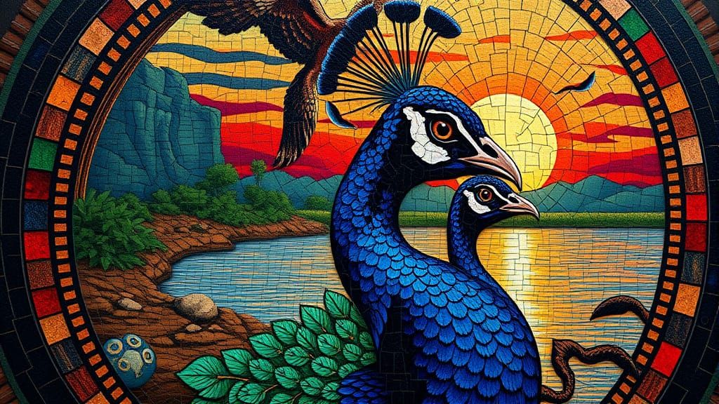Ancient Roman Peacock Mosaic with Tiger's Face and Hawk's Wi...