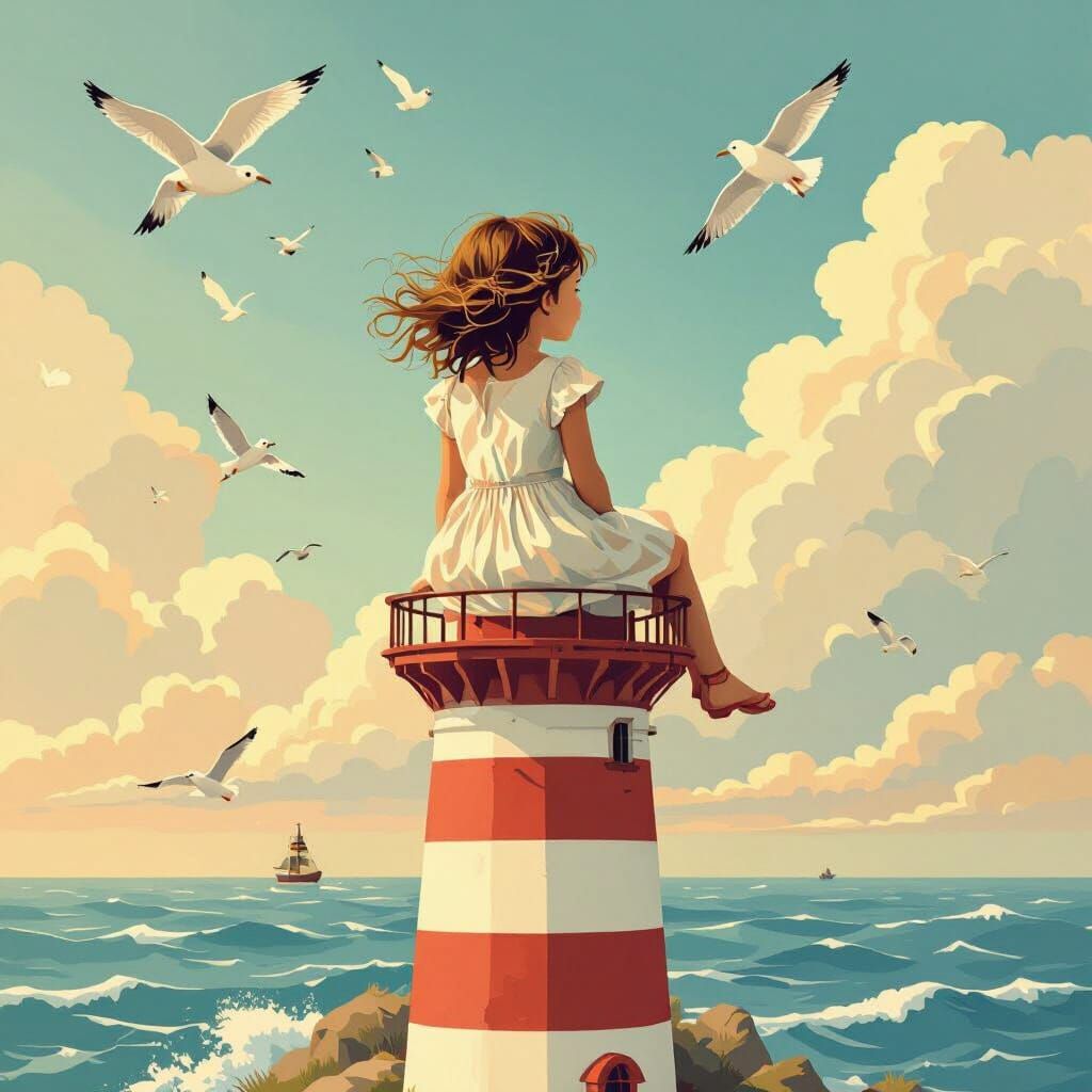 Girl on Lighthouse in Dreamy Storybook Style