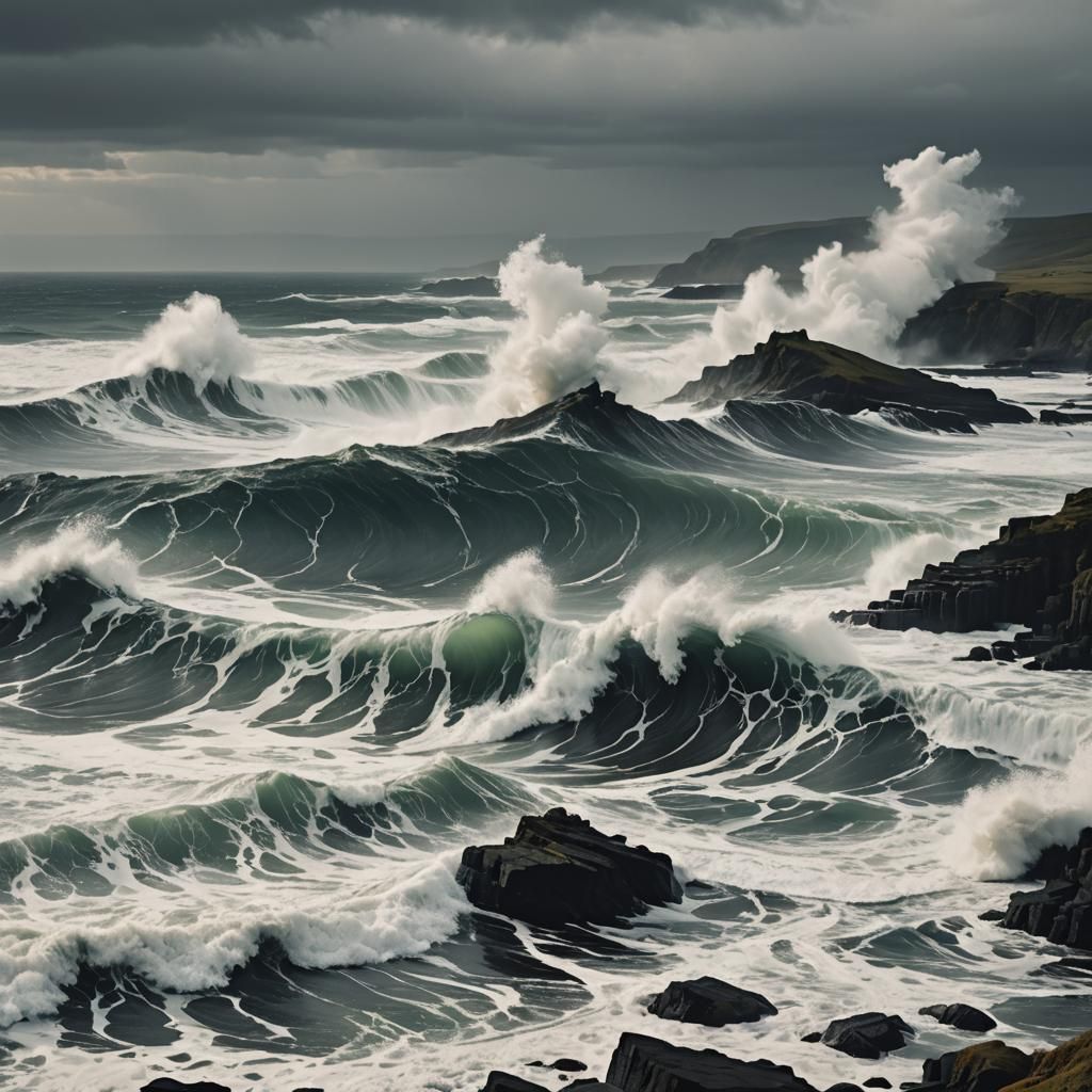 Melancholic Coastline: Waves and Windswept Sorrow