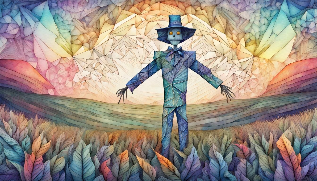 Geometric Scarecrow in Field: Watercolor Line Drawing