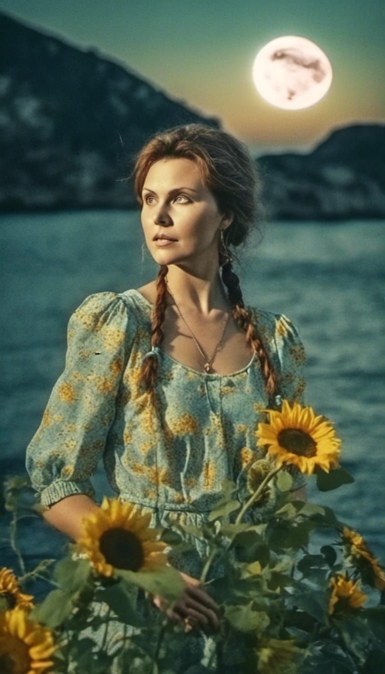 Girl with Sunflowers, Moon, Sea, and Dolphins
