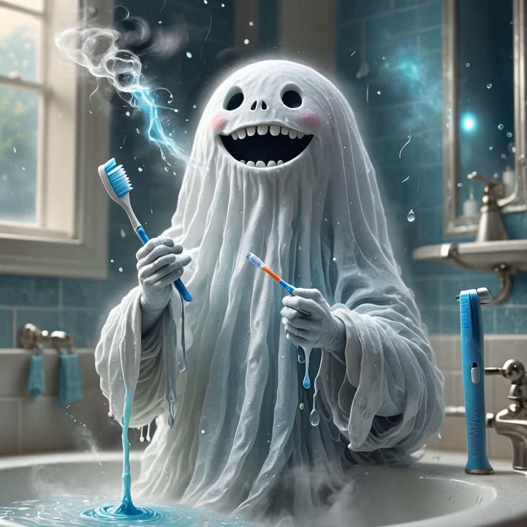 Cute Ghost Brushing Teeth in Whimsical Bathroom