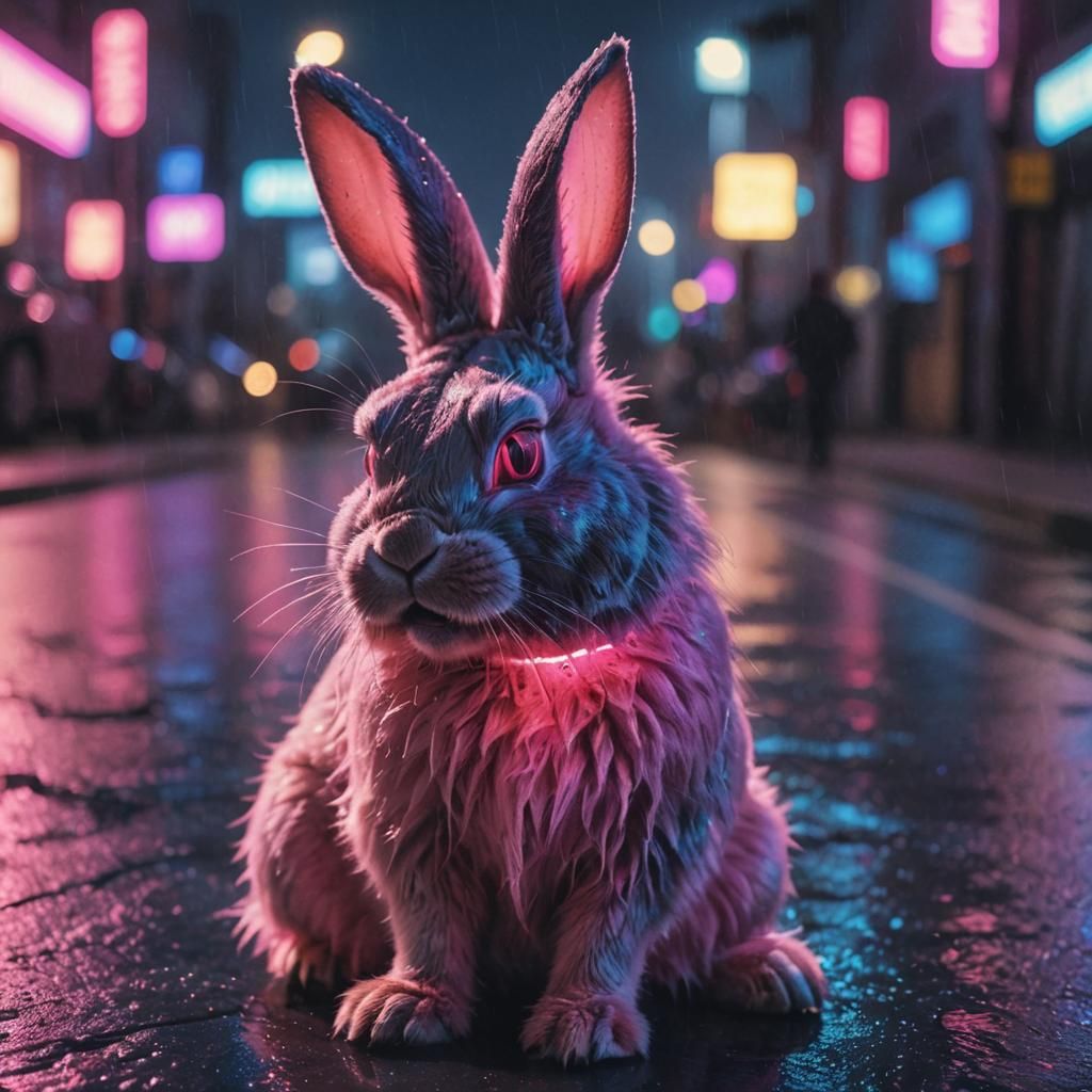 Synthwave Bunny Portrait in Neon Cityscape