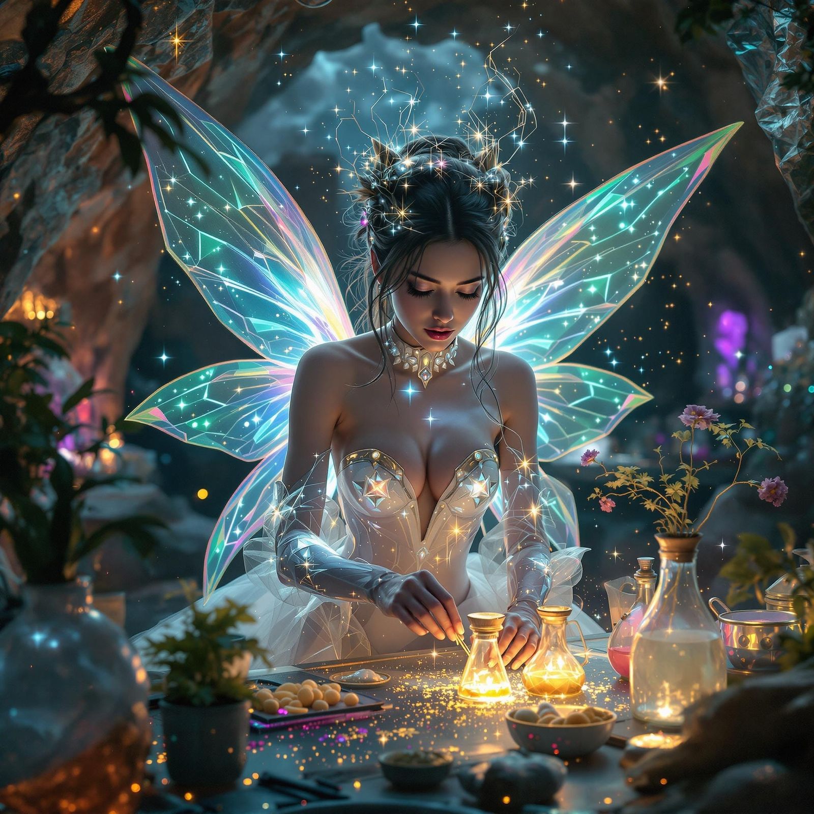 Dreamy Fairy Alchemist in Crystal Cave Laboratory