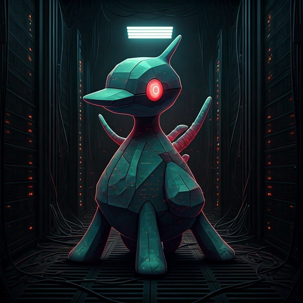 Cyberpunk Glitch Monstrosity Emerges from Dark Server Abyss