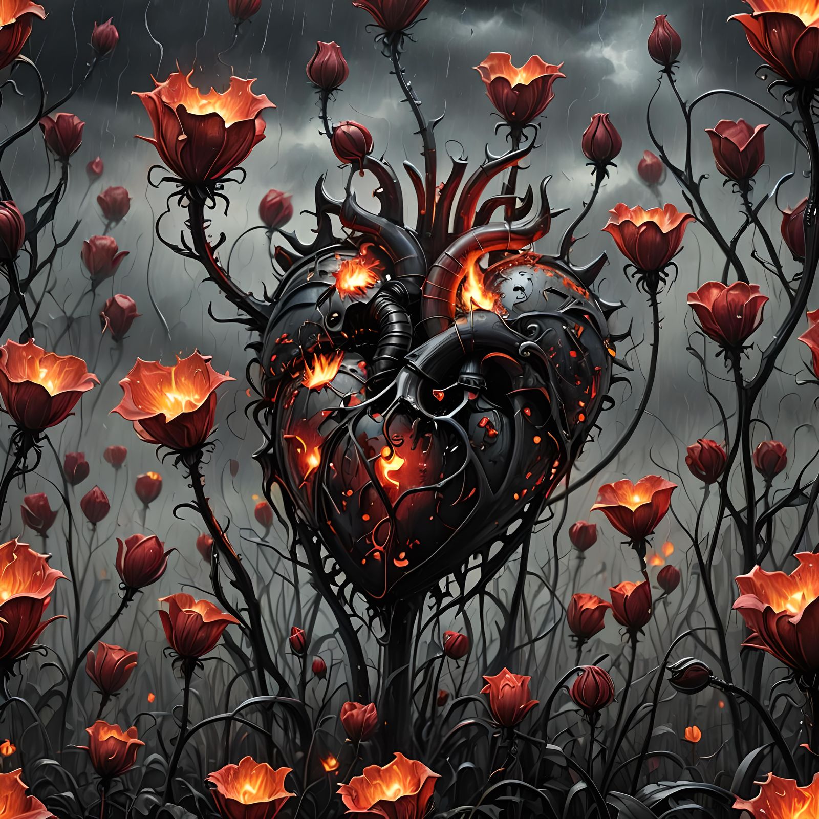 Burning Heart with Gothic Rainbows and Floral Rain